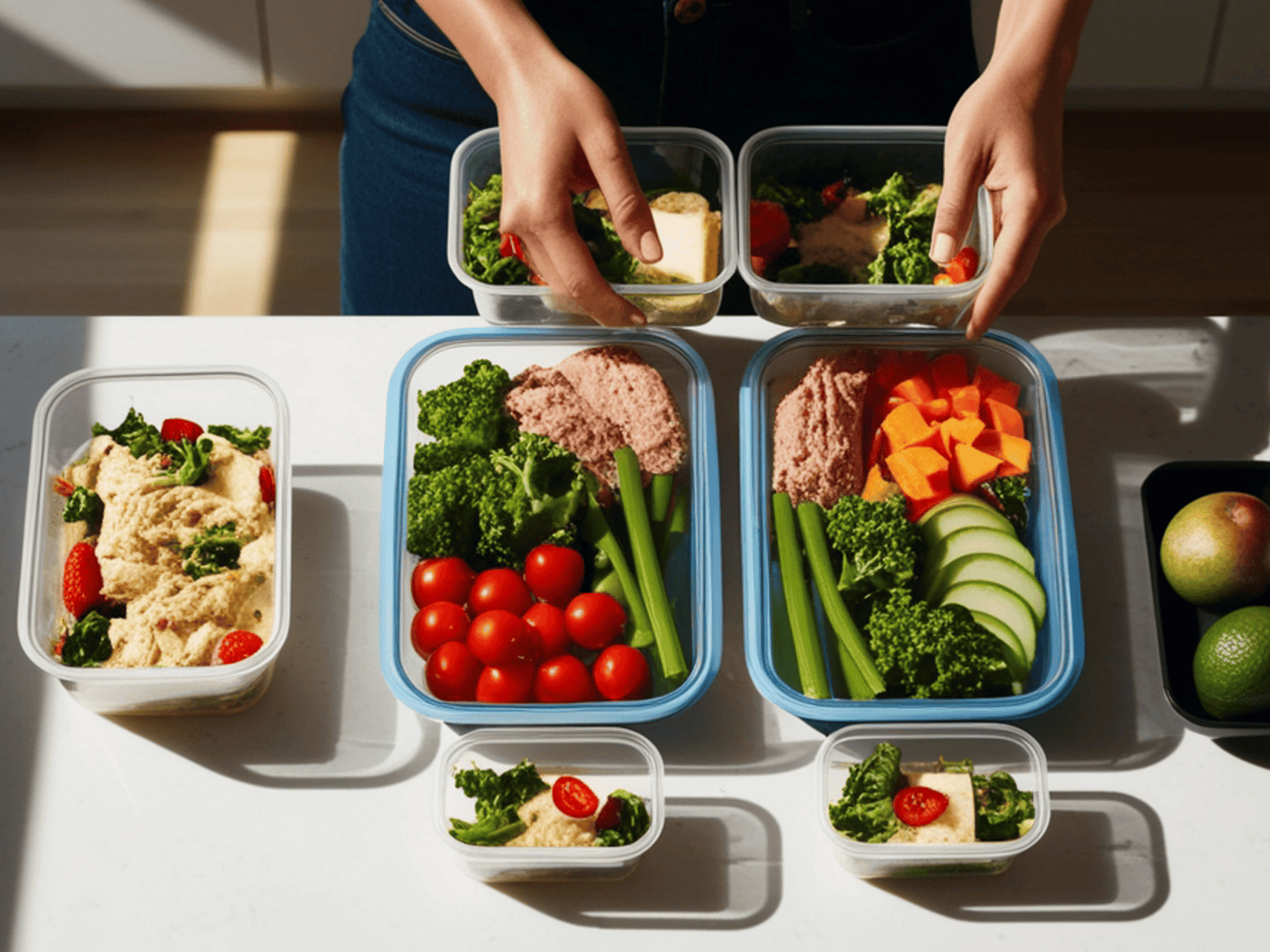 Family-style meal prep trays arranged for the week